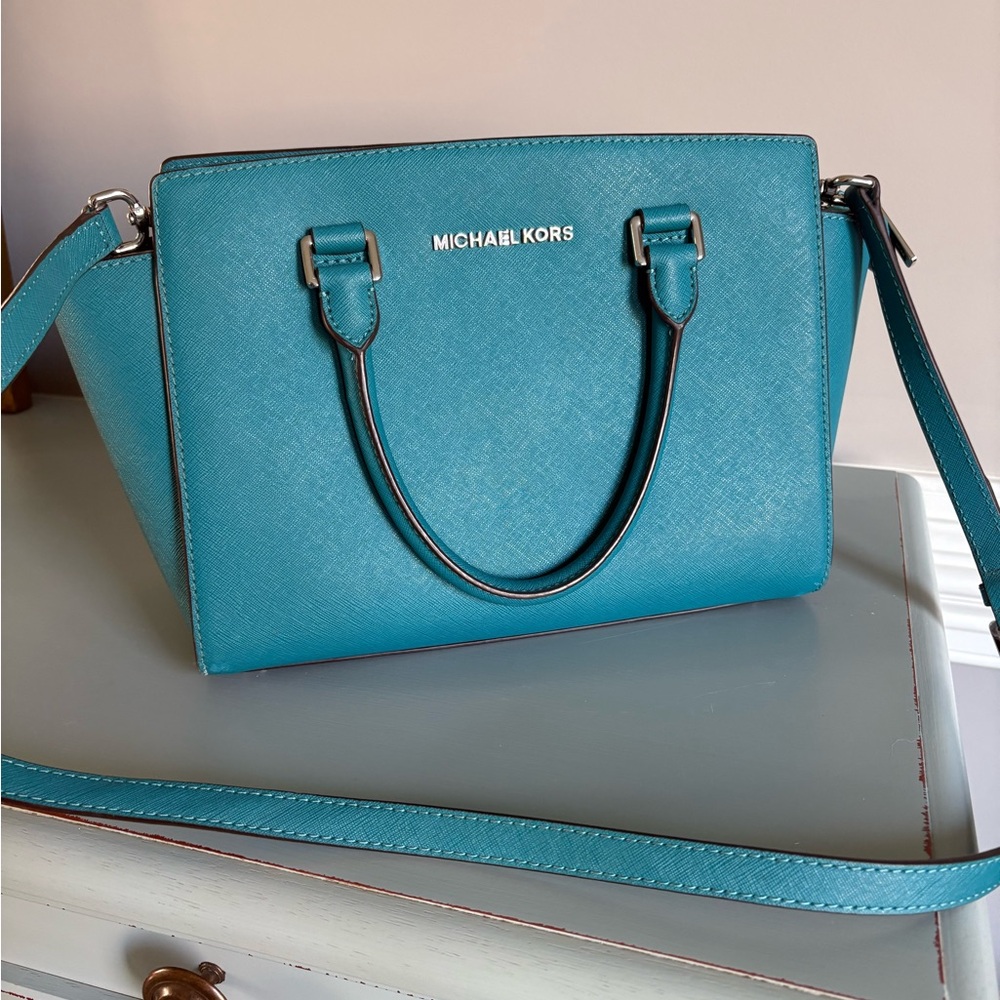 Michael Kors Teal Saffiano Satchel with Removable Strap